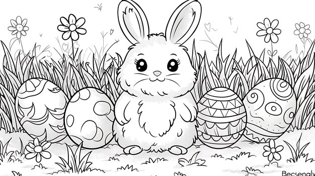 Wonderfull easter black and white coloring page bunny and eggs