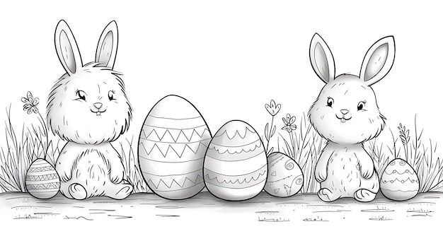 Wonderfull easter black and white coloring page bunny and eggs