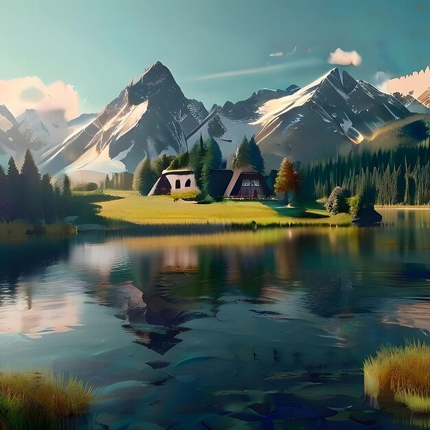 Photo wonderfull land with a lake and a house and mountains add also some animals and the some trees ai