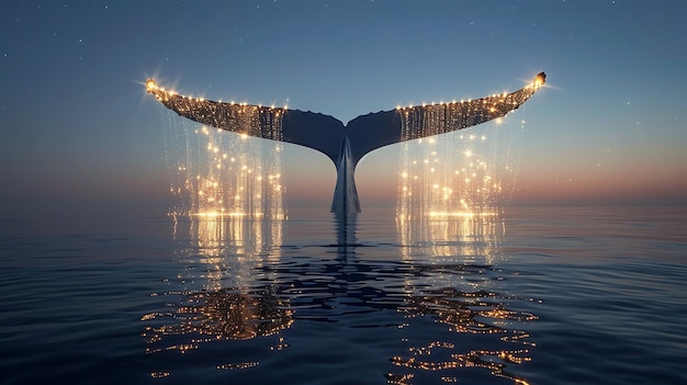 Фото Прекрасный хвост кита в море фантастический пейзаж на заднем плане