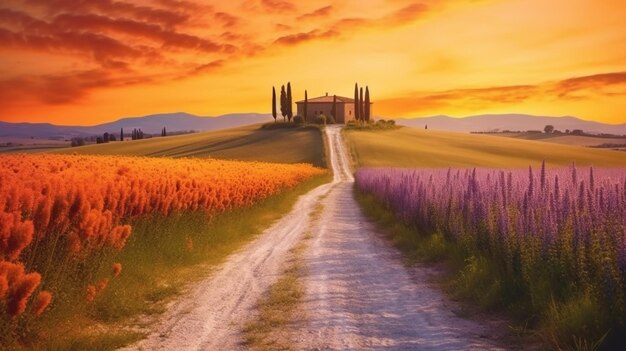 Wonderfully beautiful tuscan sunset scenery in the countryside