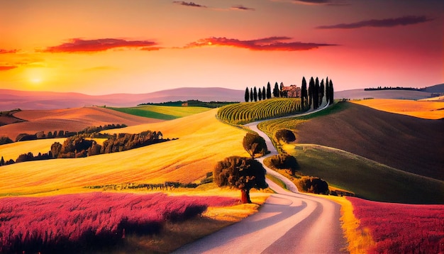 Wonderfully beautiful Tuscan sunset scenery in the summer Stunning flower filled grain fields and a meandering country road lined with cypress trees at dusk Asciano Generative AI