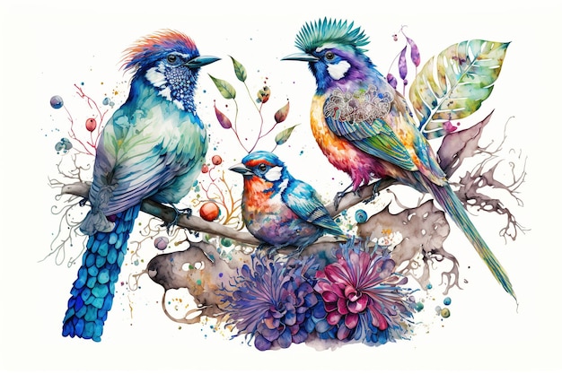 Wonderlijke aquarel schilderij van kleurrijke vogels zat op boomtak