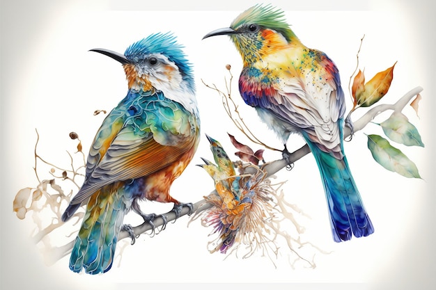 Wonderlijke aquarel schilderij van kleurrijke vogels zat op boomtak