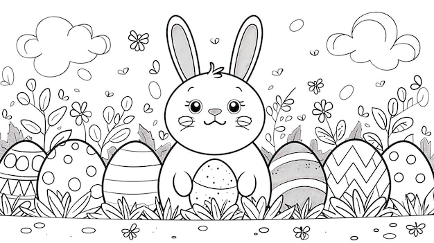 Wonderlijke Pasen zwart-wit kleurpagina konijn en eieren