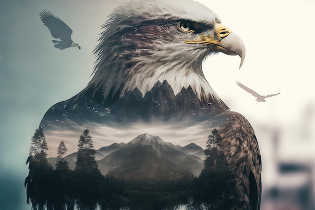 Wondrous bird of of prey eagle portrait with double exposure nature background
