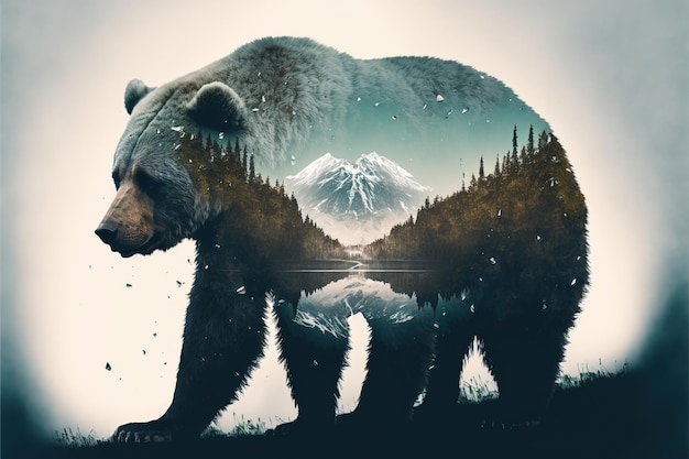 Wondrous brown grizzly bear in double exposure with natural taiga forest