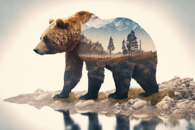 Wondrous brown grizzly bear in double exposure with natural taiga forest