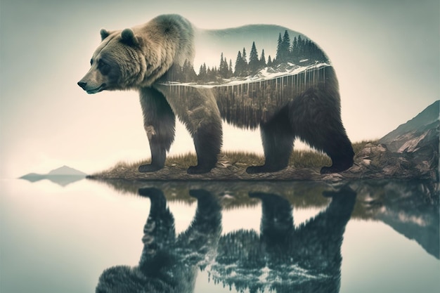 Wondrous brown grizzly bear in double exposure with natural taiga forest