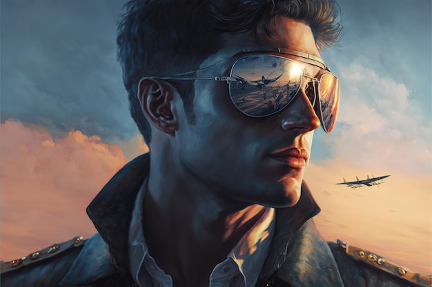 Чудесный портрет крупным планом пилота-мужчины в отражающих солнцезащитных очках на фоне неба