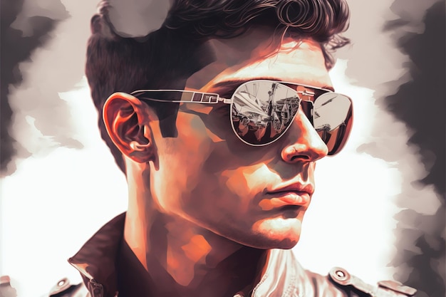 Wondrous closeup portrait of male pilot with reflective sunglasses against sky