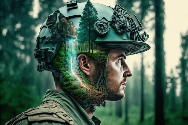 Wondrous double exposure agronomist wearing hardhat with natural landscape