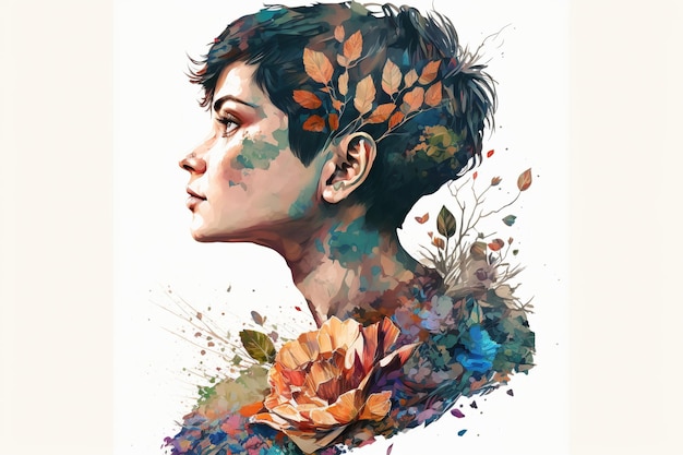 Wondrous double exposure portrait of woman and nature in handpainted style