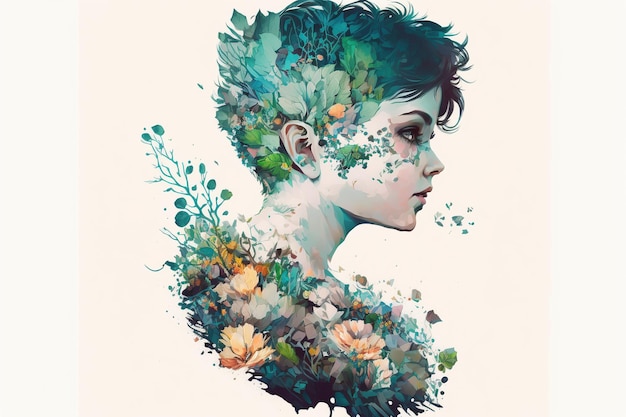 Wondrous double exposure portrait of woman and nature in handpainted style