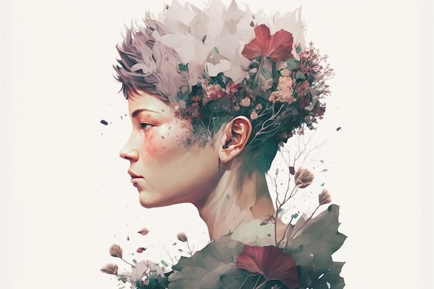 Wondrous double exposure portrait of woman and nature in handpainted style