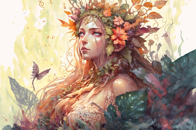 Wondrous fantasy portrait of goddess wood elf princess wearing flowery wreath