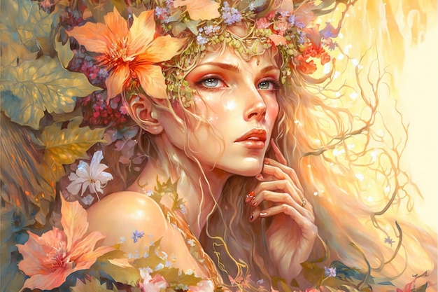 Wondrous fantasy portrait of goddess wood elf princess wearing flowery wreath