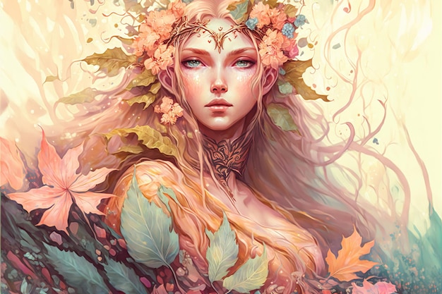 Wondrous fantasy portrait of goddess wood elf princess wearing flowery wreath