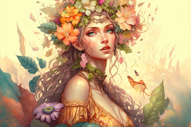 Фото Чудесный фэнтезийный портрет богини принцессы лесных эльфов в цветочном венке