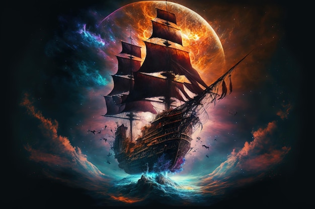 Wondrous fantasy sailing ship travel through cosmical space and ocean wave
