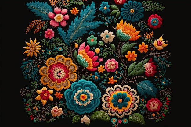 Wondrous Mexican embroidery with colorful flower pattern textile