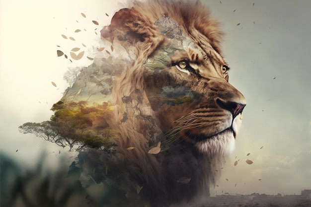 Wondrous modern design lion with double exposure background of african jungle