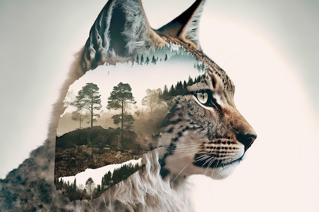 Wondrous modern design lynx with double exposure nature background