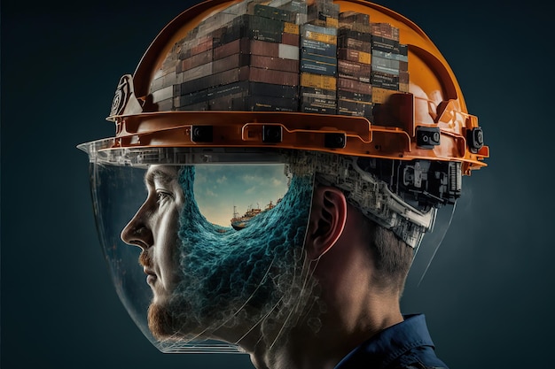 Wondrous portrait of engineer and cargo ship with containers double exposure