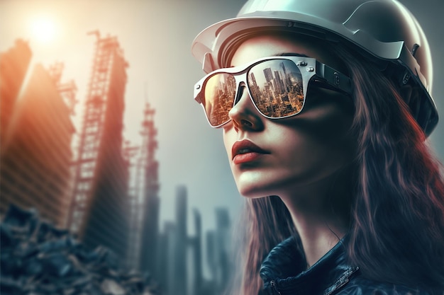 Wondrous portrait of a female engineer in sunglasses with city construction