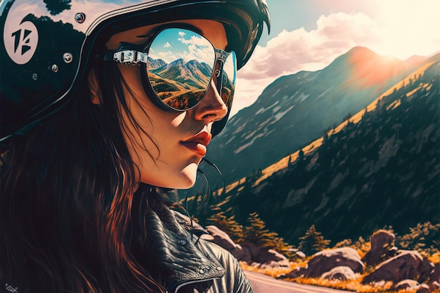 Wondrous portrait of motorcycle rider with sunglasses and reflection of mountain