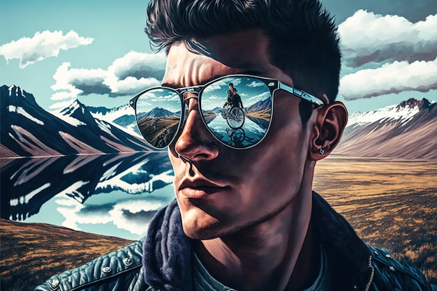 Wondrous portrait of motorcycle rider with sunglasses and reflection of mountain