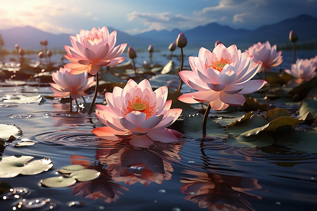 고요한 물 위에 피어나는 경이로운 광경의 연꽃 마법
