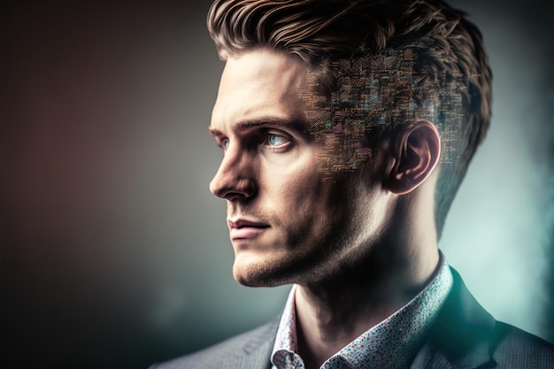 ビジネスマンの肖像画に驚くほど視覚的にデータベース コードの二重露光