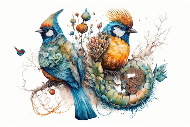 Wondrous watercolor painting of colorful birds perched on tree branch