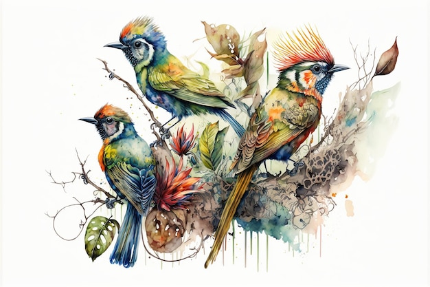 Wondrous watercolor painting of colorful birds perched on tree branch