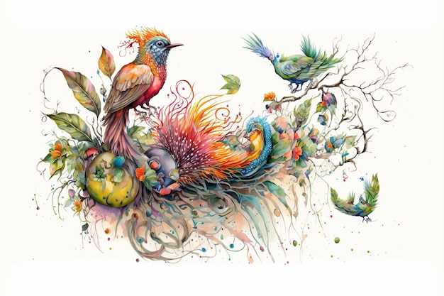 Wondrous watercolor painting of colorful birds perched on tree branch