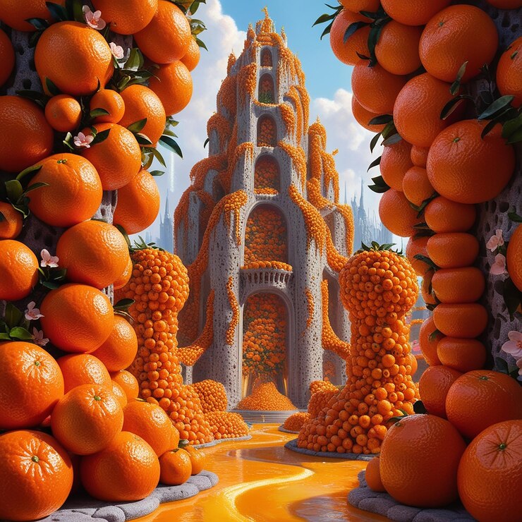 In a wondrously gleaming futuristic realm composed entirely of ripe oranges