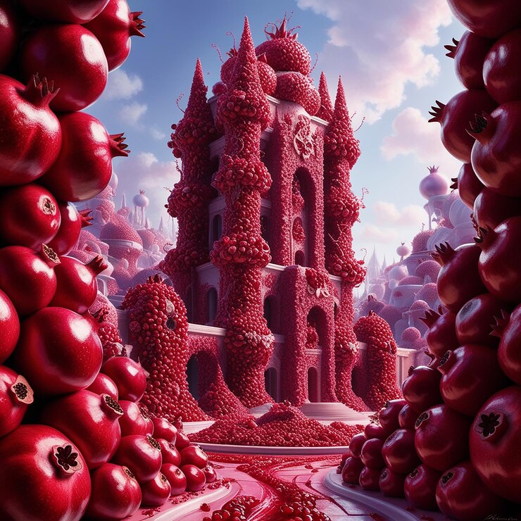 In a wondrously gleaming futuristic realm composed entirely of ripe pomegranates