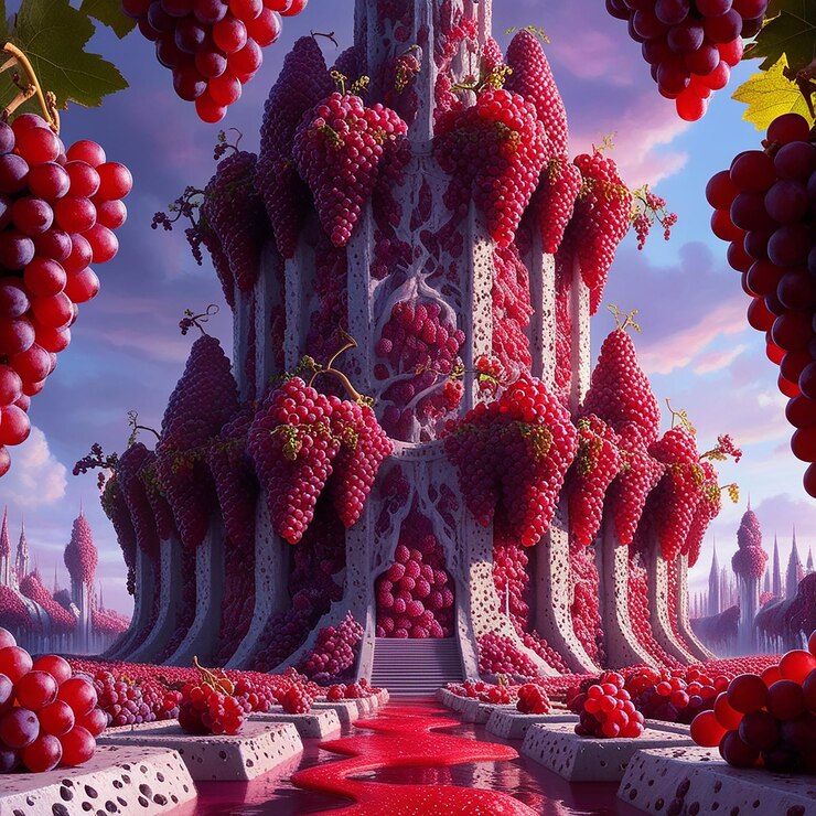 In a wondrously gleaming futuristic realm composed entirely of ripe red grapes