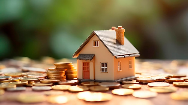 Woninglening en hypothecaire lening Uw droomhuis bouwen met financiële planning en investeringen in onroerend goed Een gids voor het koopproces van een huis met miniatuur tiny house en munten Generatieve AI