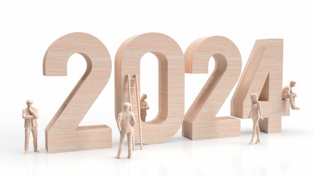 The wood 2024 number and business man on white background 3d rendering