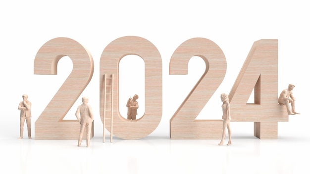 The wood 2024 number and business man on white background 3d rendering