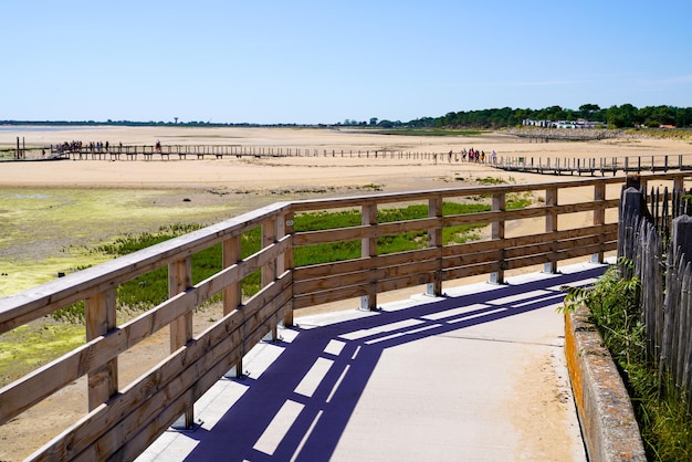 Vendee france의 Jard-sur-Mer 도시에 있는 나무 철주에 있는 대서양 해변에 대한 나무 접근