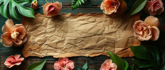 The wood background is decorated with roses and orchid flowers and an empty kraft eco paper with place for text The top view is flat