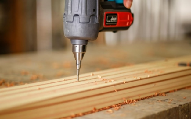 Wood being drilled by a drill