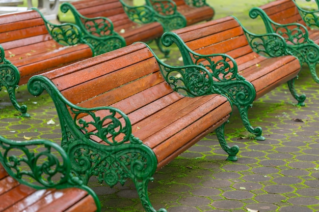 Деревянная скамейка в зеленом парке