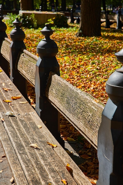 Wood benches in detail at The Mall in Central Park New York City