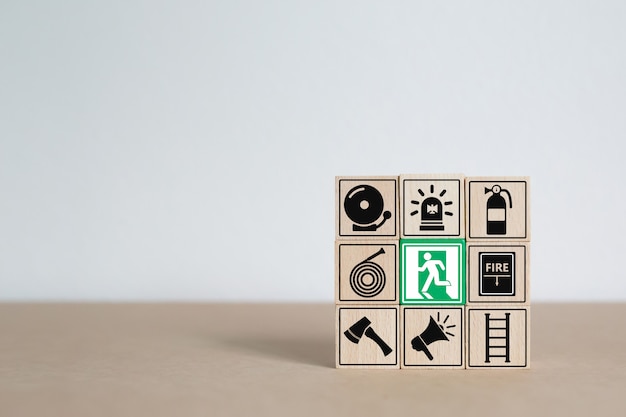 Wood block Stacking with Fire and safety icons.