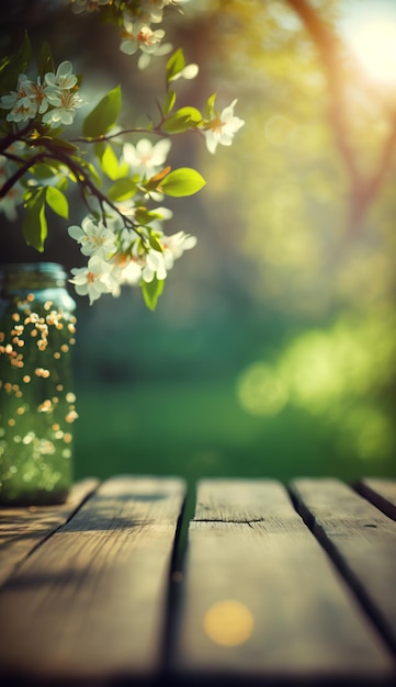 wood board in a garden with spring time and blossoms flowers. ai generative