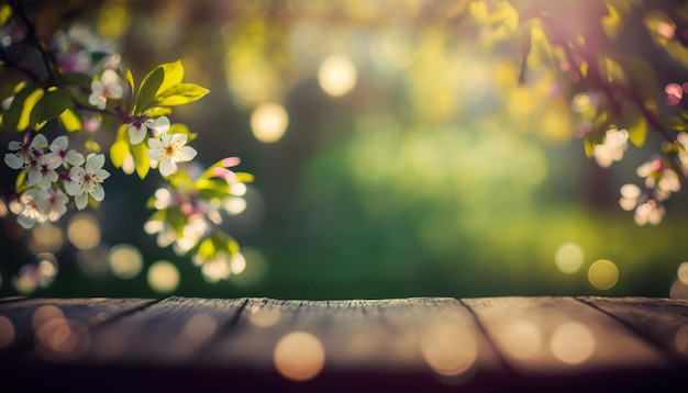 봄 시간과 꽃이 만발한 정원의 나무 판자. AI 생성
